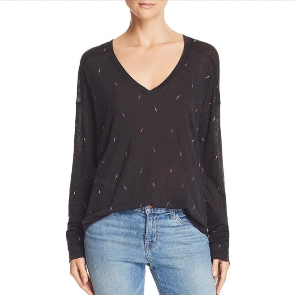 Rails Top Sami Black Multi Lightening Bolt Print Sheer V-Linen Tee
